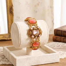 West Germany Antique Gold Palace Style Cat Eye Bracelet Pink Crystal Centerpiece picture