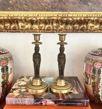 Antique Pair Empire Gilt Doré Bronze Figural Candlesticks Neoclassical 19th Cent picture