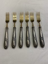 Antique Set of 6 .800 Silver Pastry Dessert Forks Gold Vermeil Art Nouveau 6.5