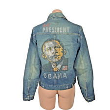 Vintage Handmade Obama graphic jean jacket Rhinestone Sequin 44th President sz M picture