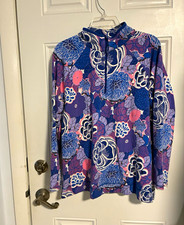 Talbots Women's L Blue Purple Pink Floral Mock Neck 1/4 Zip Knit Top picture