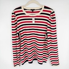 NEW Talbots Ribbed Sweater XL Red White Navy Striped Button Cuff Preppy Election picture