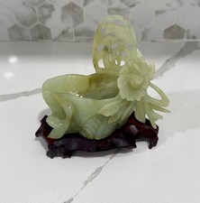 Vintage Chinese Carved Celadon Hardstone Jade Brush Washer Bowl W/Wood Stand picture
