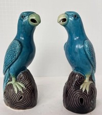Antique PAIR Chinese Export Turquoise Glazed Porcelain Parrots Chinoiserie Birds picture