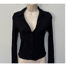 Reformation Jeans Top Womens Small Black Fitted Ribbed Knit Collared Minimalist picture