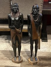 Vtg Pair of Solid Carved Wood African Couple Statue Sculpture 36'' PLEASE READ picture