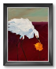 R Stevens Original 11x14 Modern Egret With Orange Flower Painting Signed Canvas picture