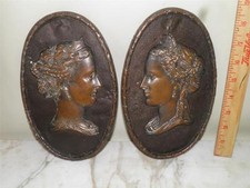 ANTIQUE PAIR NEOCLASSICAL CAMEO FIGURAL COPPERED METAL PLAQUES picture