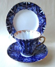 Vintage LOMONOSOV Cobalt Blue Cup Saucer Dessert Plate USSR BLACK COCKEREL Birds picture