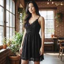 Killstar Black Lace Mini Dress Small Lace-Up Corset Gothic Babydoll Ruffle Hem picture