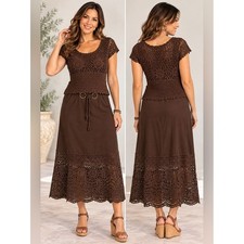 Vintage Bandolino Crochet Top Midi Skirt 2 Piece Set Sizes M 8 Brown Linen Rayon picture