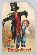 Antique Ellen Clapsaddle Halloween Postcard 1909 Child and Scarecrow Damaged picture