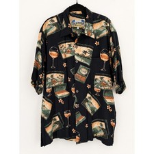 Vintage 90s Old Maui Rayon Hawaiian Shirt Mens Medium Black Tropical Camp Aloha picture