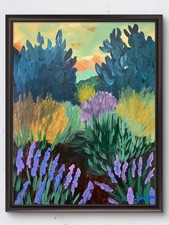 Original 14x11 Impressionist Lavender Garden Sunset Painting Signed Canvas picture