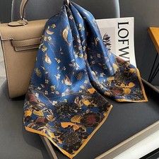 68*68cm 100% Silk Scarf Women Vintage Blue Leaves Kerchief Square Bandana Wrap picture