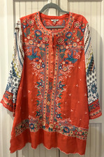 Gorgeous John Mark Heavily Embroidered Tunic 3/4 Sleeve Womens Size L Orange picture