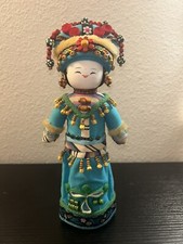 Chinese Ethnic Custom With Gorgeous Headgear Wood Doll Hand Painted Figurine 11” picture