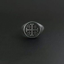 Vintage Jerusalem Cross Signet Ring 925 Sterling Silver Crusader Mens Band New picture