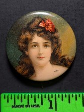 Vintage Athletic Tobacco Victorian Pinup Girl Pinback Pin picture