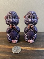 Vintage 1960’s Purple Ceramic Anthropomorphic Monkey Salt And Pepper Shakers picture