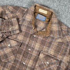 Vtg Pendleton Pearl Snap Shirt Mens M Brown Plaid Virgin Wool Western Wear USA picture