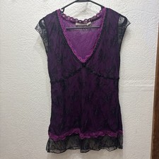 Vintage Y2K DKNY JEANS Whimsigoth Gothic Lace Mesh Layered V-Neck Top Shirt Lg picture