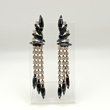 Vintage Pierced Earrings Rhinestone Navette Dangle Fringe Cocktail Party picture
