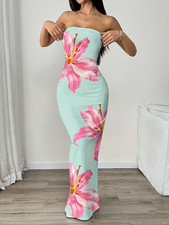 NEW Medium Elegant Sleveless Ruched Mint Green Maxi Dress w Pink & White Flowers picture