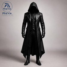 Men's Black Leather Hooded Trench Coat, Gothic Halloween Long Winter Coat picture