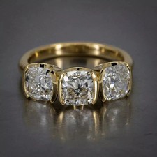 3Ct Cushion Cut Lab-Created Diamond 3 Stones Band Ring 14K Yellow Gold Plated picture