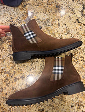 Burberry Men’s Brown Suede Chelsea Ankle Boots Nova Check Panels EU 46 picture