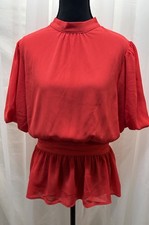 A Calin Flying Tomato Blouse L Red Mock Neck Flutter Sleeve Smocked Peplum picture