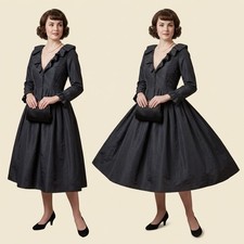 Vintage Ceil Chapman Black Silk Taffeta Ruffle Portrait Collar Cocktail Dress picture