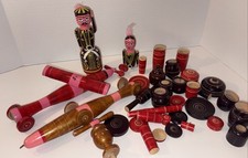 Vintage Handmade Painted Lacquered Wooden Toys Set Old Decorative Toy Lot Of 36 picture