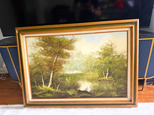 20th Century Ullard Framed Signed Large Landscape Painting Trees & River Nature picture