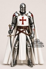 AURA HANDMADE Wearable White Templar Knight Armor Gothic Crusader Suit HALLOWEEN picture