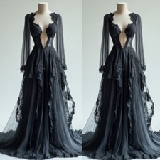 Gothic Black Wedding Dresses Long Sleeves Victoria A Line Deep Neck Bridal Gowns picture