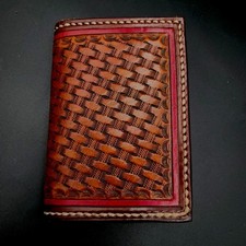 New Trifold Wallet Hand Tooled Handmade Saddle Stitching Triple Basket Weave WBL picture