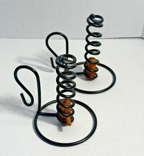 Vintage Wrought Iron Spiral Courting Candle Holder Set Black Metal Wood 7in picture