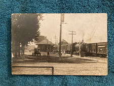 RPPC Grant Michigan RR Train Coming into a Busy Depot Photo c1910 picture
