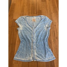 Y2K Chaser Light Blue Acid Wash Ribbed Snap-Front Henley Tee Vintage picture