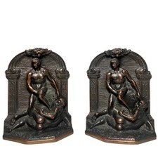 Pair of Antique Solid Bronze Nude Male Figural Book Bookends Art Nouveau  picture
