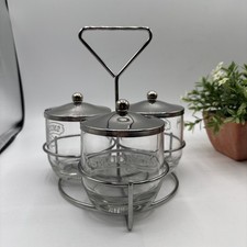 VTG Smucker's Jelly/JAM/MUSTARD Glass Serving Chrome Caddy w/ 3 Jars &LID Preown picture