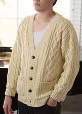 Vintage Carroll & Co L 100% Wool Cardigan Ireland Cable Knit Ivory picture
