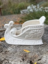 VTG Ceramic Sleigh Planter Poinsettia Floral Embossed Christmas Holiday Decor 6” picture