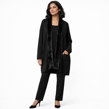 Dialogue Black Faux Fur Trim Merino Wool Blend Cardigan Coatigan 1X Minimalist picture