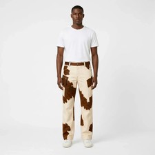 2026 New Mens Cow Print Jeans Utility Cargo Denim Pants Brown Cream Straight Leg picture