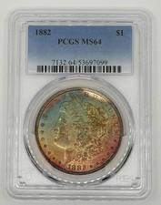 1882-P VIBRANT RAINBOW 🌈 TONED MORGAN SILVER DOLLAR PCGS MS-64  picture