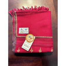 Kashmiri Pure Woolmark Merino Wool Shawl Red Gold Embroidered Fringed NWT picture
