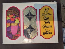 Vintage Kerr 11 Glass Tall Jelly jars Glasses metal Lids Boxed picture
